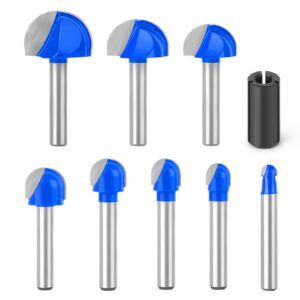 meiggtool 8pcs cove box cemented carbide router bit for woodworking, mdf and plywood, 1/4" shank round nose, 1/4" 5/16" 3/8" 1/2" 5/8" 3/4" 7/8" 1" cutting diameter