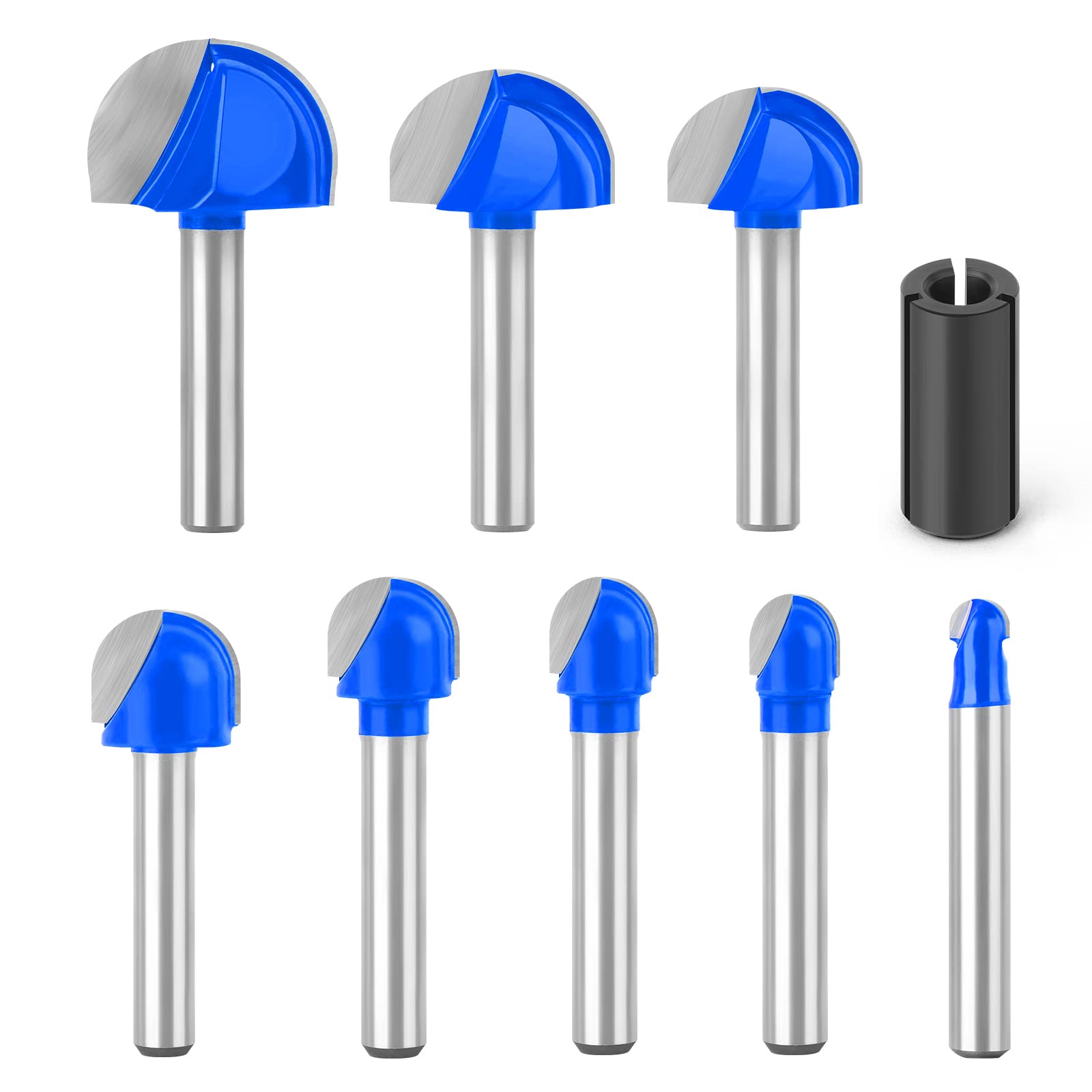 MEIGGTOOL 8Pcs Cove Box Cemented Carbide Router Bit for Woodworking, MDF and Plywood, 1/4" Shank Round Nose, 1/4" 5/16" 3/8" 1/2" 5/8" 3/4" 7/8" 1" Cutting Diameter