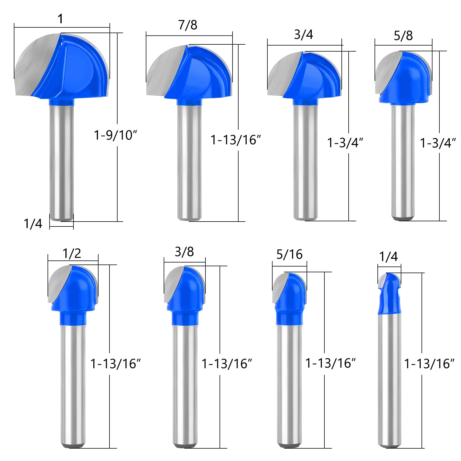 MEIGGTOOL 8Pcs Cove Box Cemented Carbide Router Bit for Woodworking, MDF and Plywood, 1/4" Shank Round Nose, 1/4" 5/16" 3/8" 1/2" 5/8" 3/4" 7/8" 1" Cutting Diameter