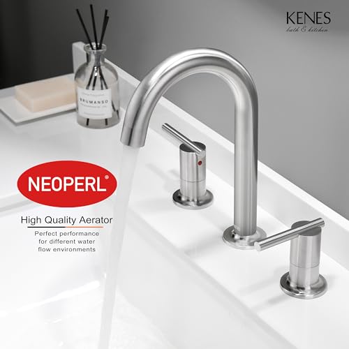 KENES Widespread Bathroom Faucet, Brushed Nickel 2 Handle 8 Inch Bathroom Sink Faucet, Bathroom Sink Faucet 3 Hole Lavatory Vanity Faucet with Pop Up Drain & Water Supply Hoses LJ-9018