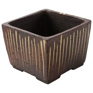 wazakura tokoname series small handmade striped square bonsai pot with drainage hole 4.1in (105mm) made in japan, ceramic training starter container, decorative flower planter - brown