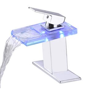qeemee led light bathroom sink faucet, 3 colors changing waterfall glass spout faucet, single handle single hole cold and hot water mixer vanity sink tap (chrome)