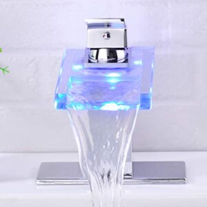 Qeemee LED Light Bathroom Sink Faucet, 3 Colors Changing Waterfall Glass Spout Faucet, Single Handle Single Hole Cold and Hot Water Mixer Vanity Sink Tap (Chrome)