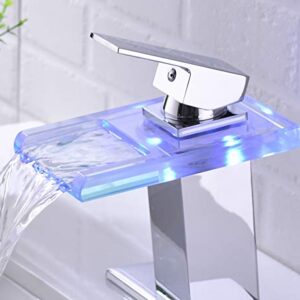 Qeemee LED Light Bathroom Sink Faucet, 3 Colors Changing Waterfall Glass Spout Faucet, Single Handle Single Hole Cold and Hot Water Mixer Vanity Sink Tap (Chrome)