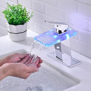 Qeemee LED Light Bathroom Sink Faucet, 3 Colors Changing Waterfall Glass Spout Faucet, Single Handle Single Hole Cold and Hot Water Mixer Vanity Sink Tap (Chrome)