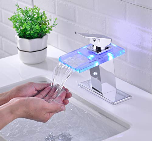 Qeemee LED Light Bathroom Sink Faucet, 3 Colors Changing Waterfall Glass Spout Faucet, Single Handle Single Hole Cold and Hot Water Mixer Vanity Sink Tap (Chrome)