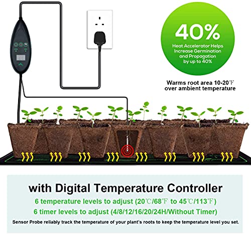 MARVIA Warming Mats for Plants,Heat Mat with Digital Temperature Controller,6 Temperatures 6 Timers,Seeding Heat Mat with LED and Probe, for Plants Seeds Gardening Greenhouse,Waterproof MET 20x10in