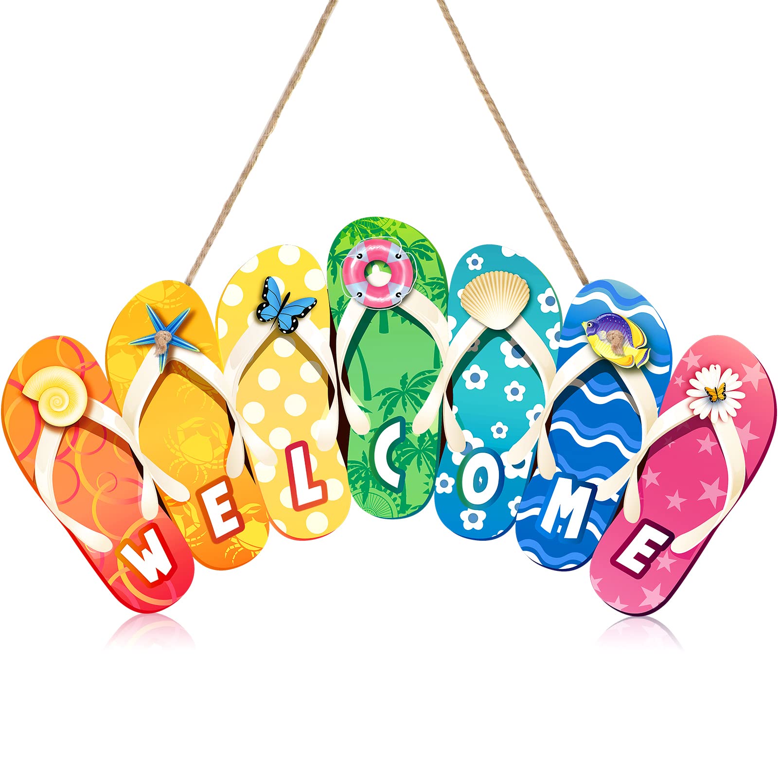 Summer Slippers Hanging Sign Shape Welcome Hello Flip Flop Wooden Door Plaque Rustic Wall Sign Yard Indoor Outdoor Garden Decoration with Rope (Welcome)