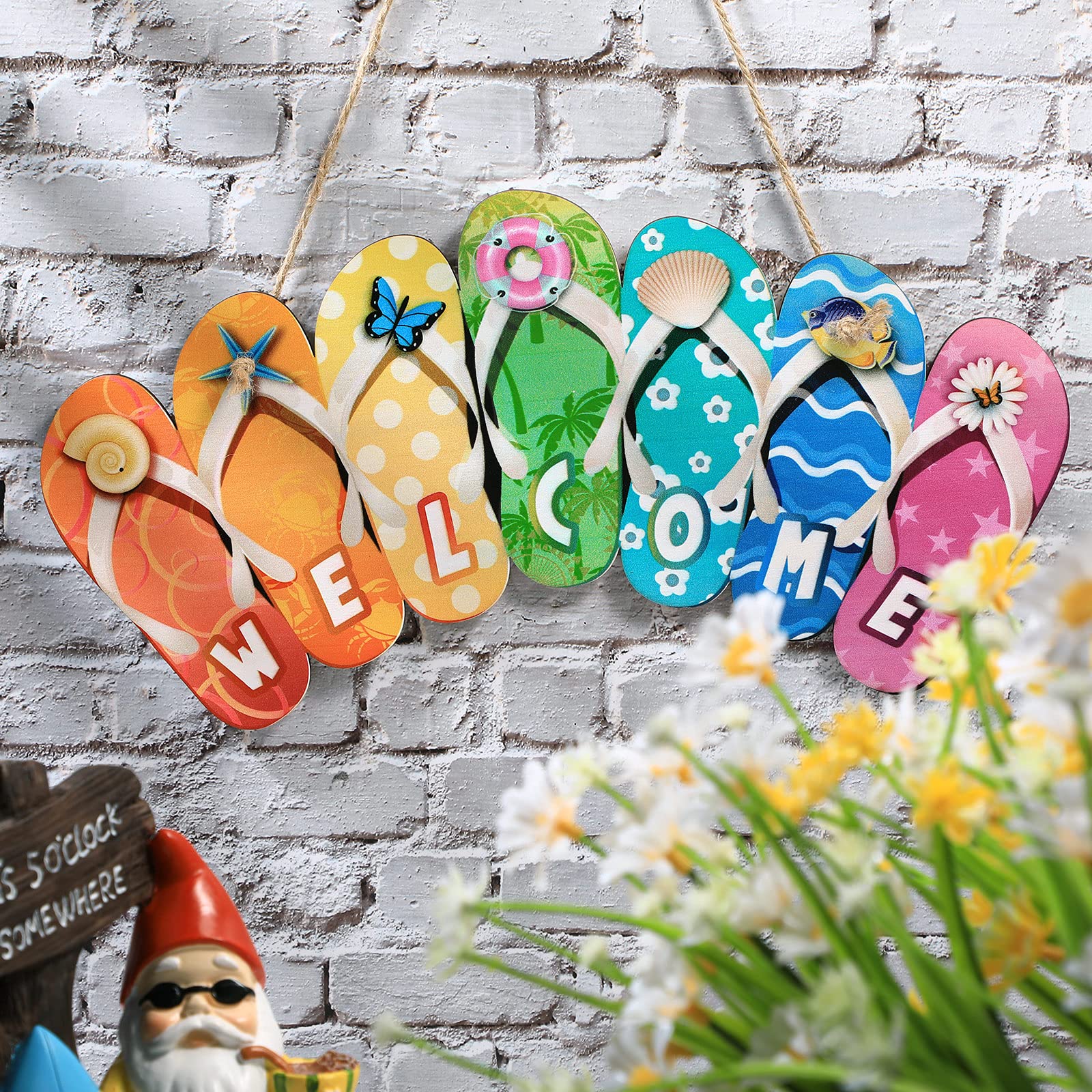 Summer Slippers Hanging Sign Shape Welcome Hello Flip Flop Wooden Door Plaque Rustic Wall Sign Yard Indoor Outdoor Garden Decoration with Rope (Welcome)