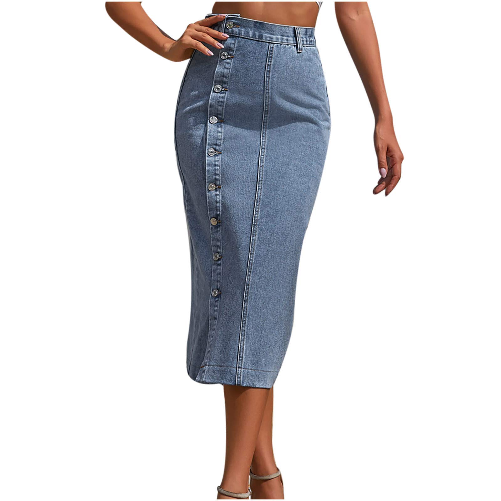 Bravetoshop Women's High Waisted Jean Skirt Button Closure Knee Length Denim Skirts Y2K Fashion Streetwear (Blue,XS)