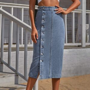 Bravetoshop Women's High Waisted Jean Skirt Button Closure Knee Length Denim Skirts Y2K Fashion Streetwear (Blue,XS)