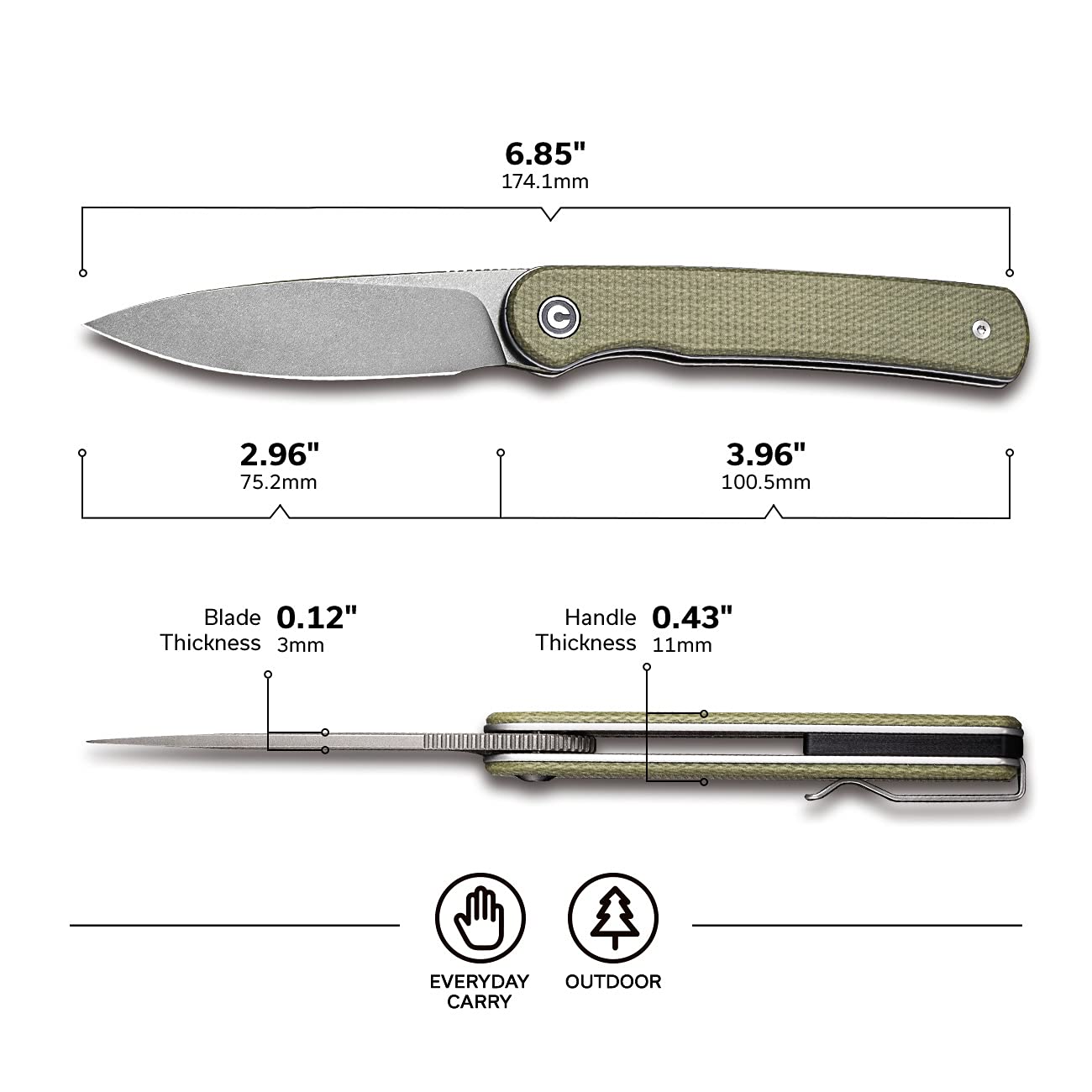 CIVIVI Stylum Pocket Knife, Double Detent Slip Joint Folding Knife with a Front Flipper Opener, 2.96" 10Cr15CoMoV Blade Micarta Handle C20010B-B (Olive)