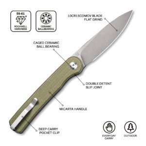 CIVIVI Stylum Pocket Knife, Double Detent Slip Joint Folding Knife with a Front Flipper Opener, 2.96" 10Cr15CoMoV Blade Micarta Handle C20010B-B (Olive)