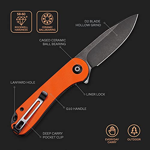 CIVIVI Folding Pocket Knife, 2.96" D2 Blade G10 Handle, Elementum Liner Lock Flipper Knife with Deep Carry Pocket Clip for EDC C907Y (Orange)