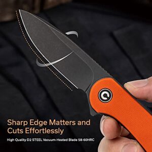 CIVIVI Folding Pocket Knife, 2.96" D2 Blade G10 Handle, Elementum Liner Lock Flipper Knife with Deep Carry Pocket Clip for EDC C907Y (Orange)