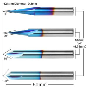 Genmitsu CNC Wood Carving Router Bits Set, 1/4'' Shank, 4 PCS, 15° Detail Carving Liner+ 20° Profile bit+ 60° & 90° V Groove, WC04A