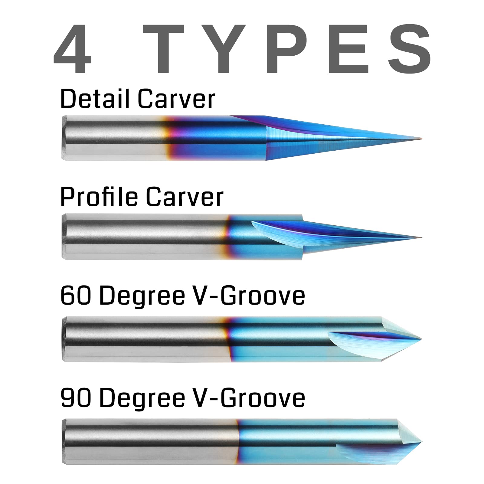 Genmitsu CNC Wood Carving Router Bits Set, 1/4'' Shank, 4 PCS, 15° Detail Carving Liner+ 20° Profile bit+ 60° & 90° V Groove, WC04A