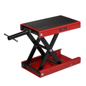 tuffiom motorcycle scissor lift jack w/rubber top surface & safety pin, height adjustable steel center hoist crank stand for motorcycle repair maintenance, 1100lbs weight capacity