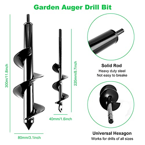 Auger Drill Bits for Planting, 2 Pack Garden Solid Spiral Hole Rapid Planter Earth Post Digger Flower Bulb Bedding Plants Bit 38 inch Hex Drive by GoldenLi, Black