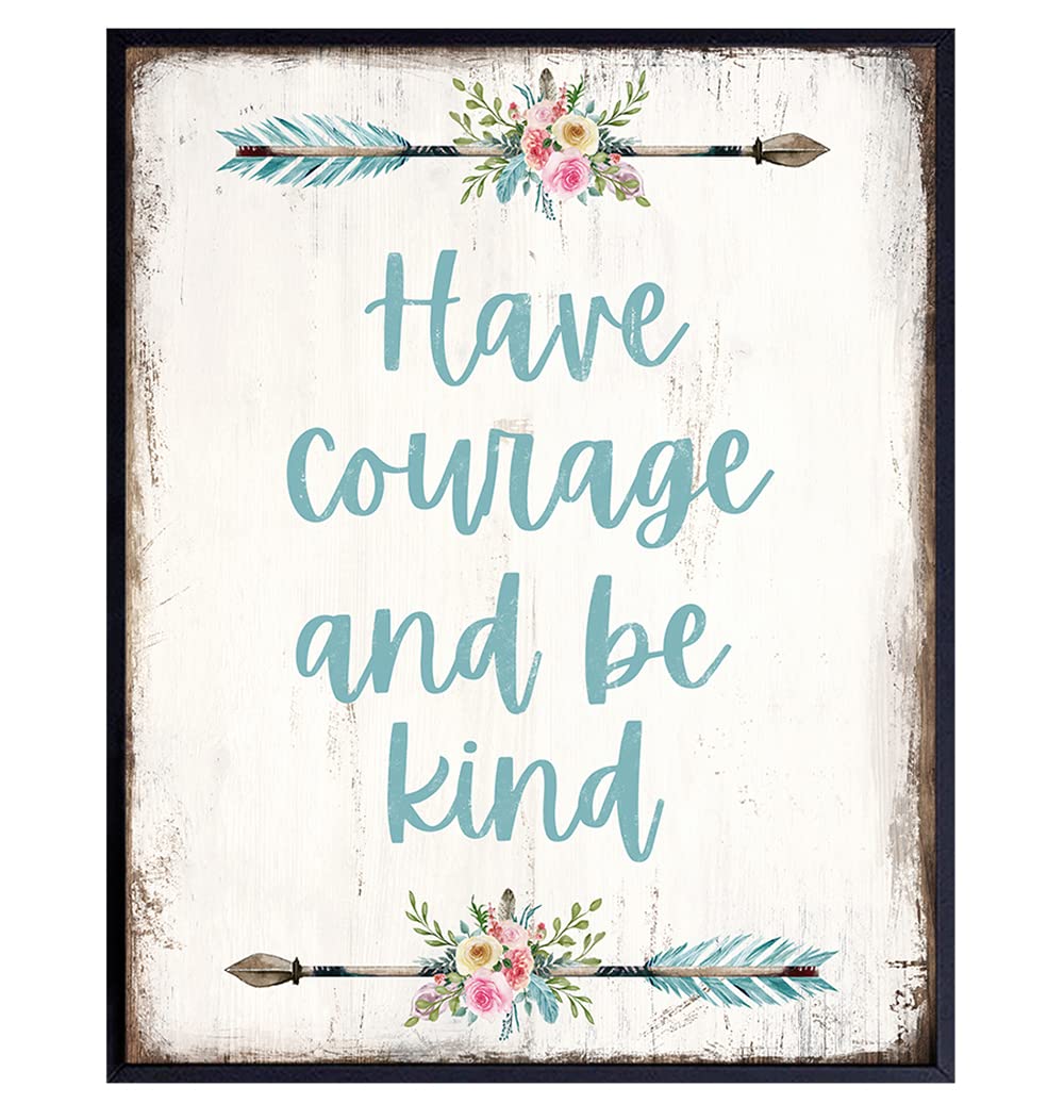 Have Courage and Be Kind Wall Decor Sign - Boho Bathroom Decor - Shabby Chic Bathroom Decor - Bathroom Wall Art - Restroom Sign - Rustic Powder Room, Guest Bath Decor - Blue Bathroom Decor for Women