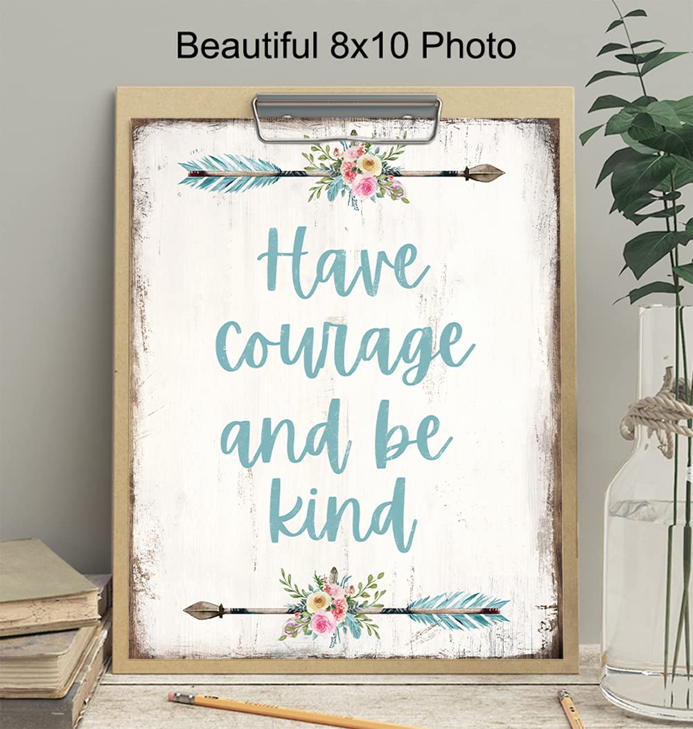 Have Courage and Be Kind Wall Decor Sign - Boho Bathroom Decor - Shabby Chic Bathroom Decor - Bathroom Wall Art - Restroom Sign - Rustic Powder Room, Guest Bath Decor - Blue Bathroom Decor for Women