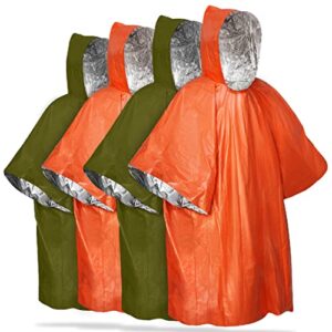 fospower emergency rain poncho [4 pack] [retains 90% body heat] reusable weather resistant raincoat for men, women, adults, camping, hiking, emergency supplies & survival kits (green + orange)