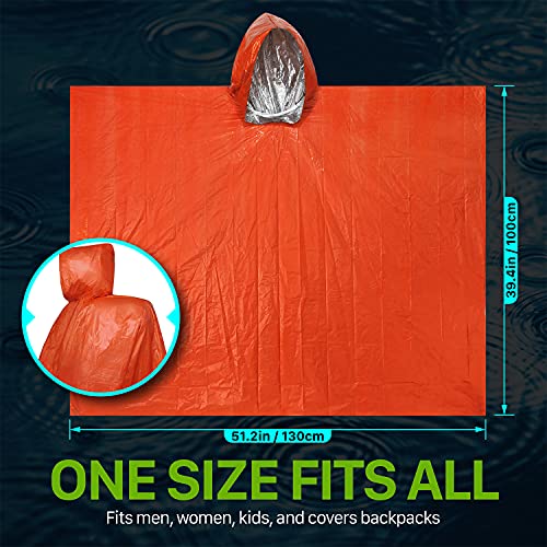 FosPower Emergency Rain Poncho [4 Pack] [Retains 90% Body Heat] Reusable Weather Resistant Raincoat for Men, Women, Adults, Camping, Hiking, Emergency Supplies & Survival Kits (Green + Orange)