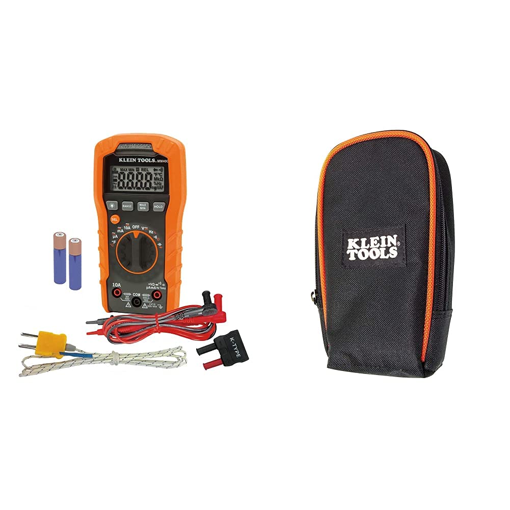 Klein Tools MM400 Multimeter, Digital Auto Ranging, AC/DC Voltage, Current, Capacitance, Frequency, Duty-Cycle, Diode, Continuity, Temp 600V & 69401 Multimeter Carrying Case