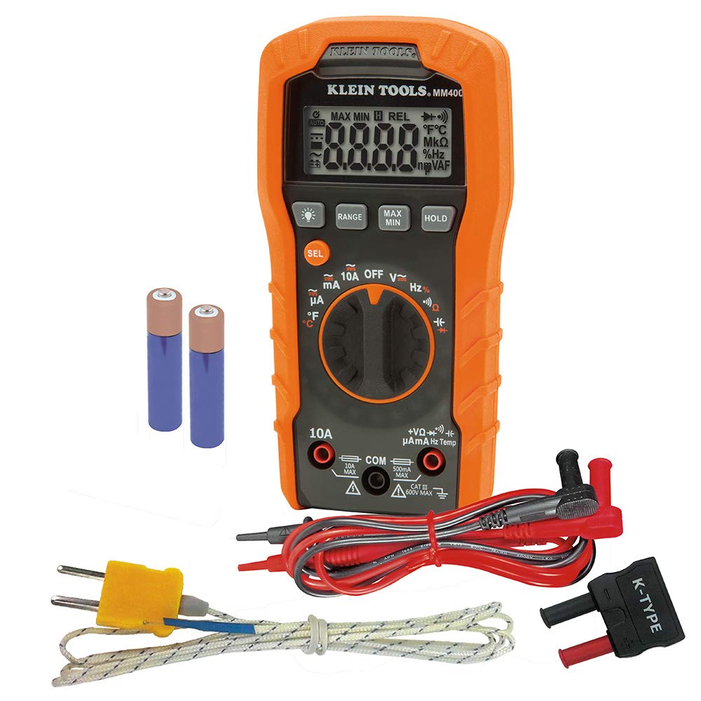 Klein Tools MM400 Multimeter, Digital Auto Ranging, AC/DC Voltage, Current, Capacitance, Frequency, Duty-Cycle, Diode, Continuity, Temp 600V & 69401 Multimeter Carrying Case