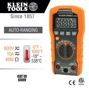 Klein Tools MM400 Multimeter, Digital Auto Ranging, AC/DC Voltage, Current, Capacitance, Frequency, Duty-Cycle, Diode, Continuity, Temp 600V & 69401 Multimeter Carrying Case