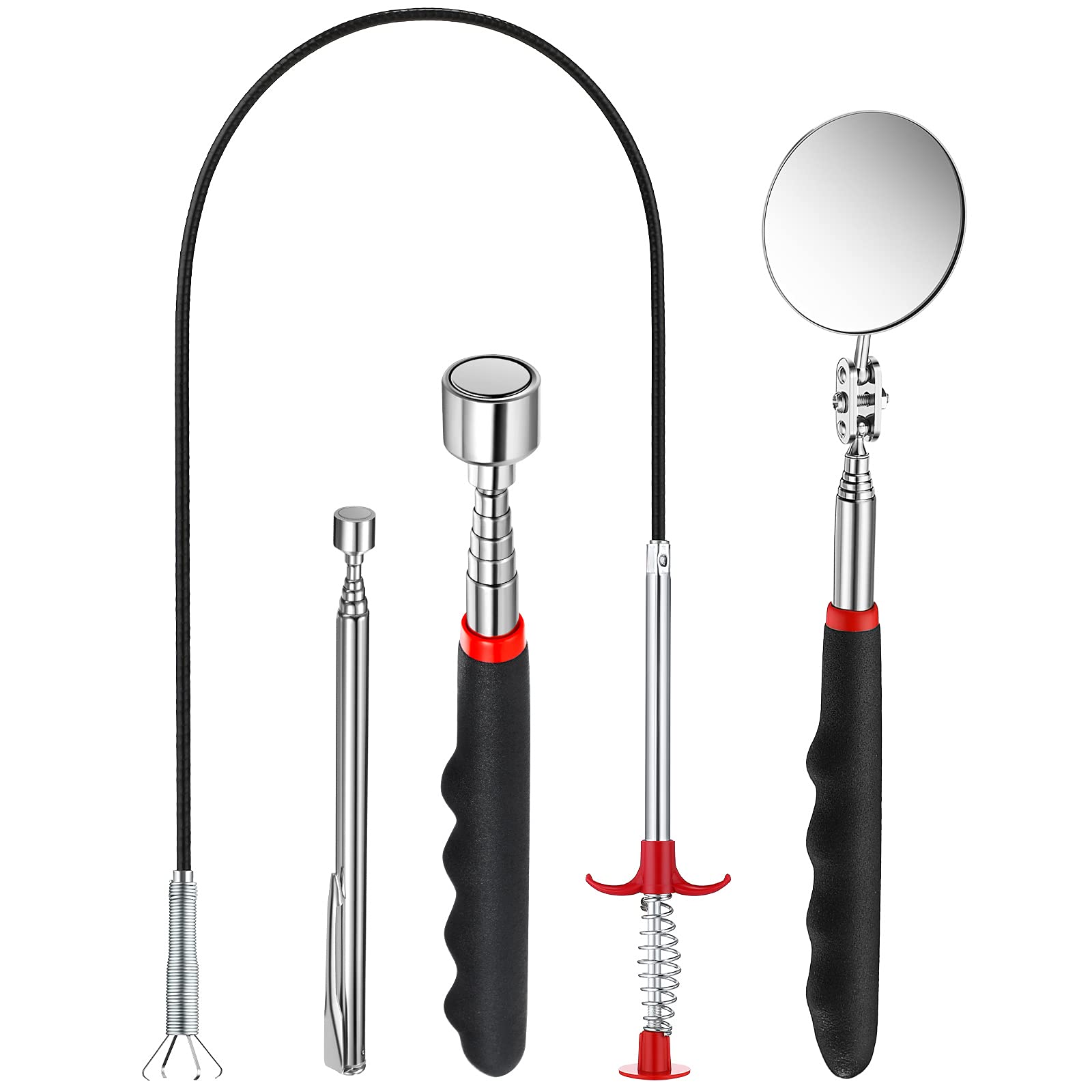 Patelai 4 Pieces Christmas Telescoping Magnet Pick Up Tool Set Extendable Claw Grabber Tool Bendable Spring Telescoping Inspection Mirror 2 Lb/ 20 Lb Magnetic Stick Gadget for Home Sink Drains