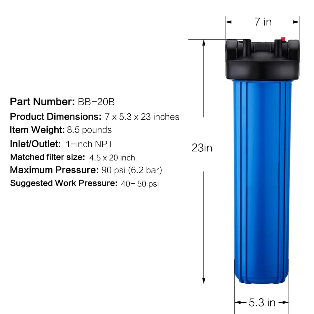 Geekpure 20 Inch Whole House Water Filter Housing-1"NPT Bras Port -Fit 4.5 x 20 Inch Filter -Blue(1)