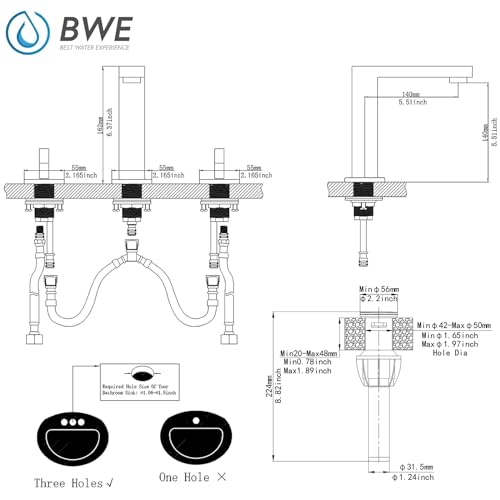 BWE Widespread Bathroom Faucet 3 Hole Matte Black with Pop Up Drain Assembly and Supply Hose Bathroom Faucets for Sink 2-Handle 3 Pieces 8 Inch Basin Lavatory Mixer Tap Lead-Free