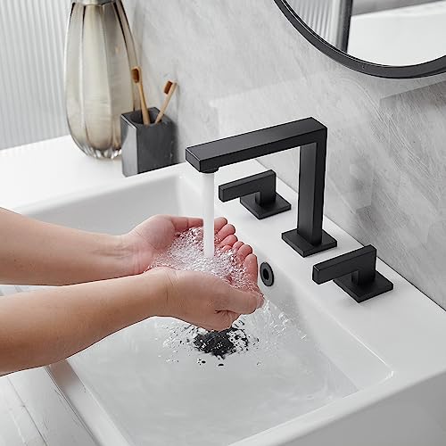 BWE Widespread Bathroom Faucet 3 Hole Matte Black with Pop Up Drain Assembly and Supply Hose Bathroom Faucets for Sink 2-Handle 3 Pieces 8 Inch Basin Lavatory Mixer Tap Lead-Free