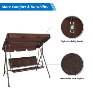 VINGLI Heavy Duty 550 LBS Upgraded 3 Person Outdoor Porch Swing with Stand, Adjustable Canopy Swing with Textilene Fabric & Steel Frame for Yard, Pool, Lawn, Indoors (Brown)