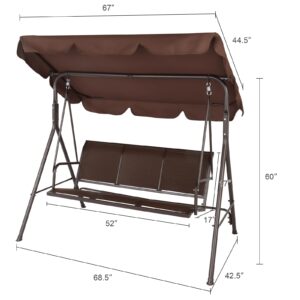 VINGLI Heavy Duty 550 LBS Upgraded 3 Person Outdoor Porch Swing with Stand, Adjustable Canopy Swing with Textilene Fabric & Steel Frame for Yard, Pool, Lawn, Indoors (Brown)