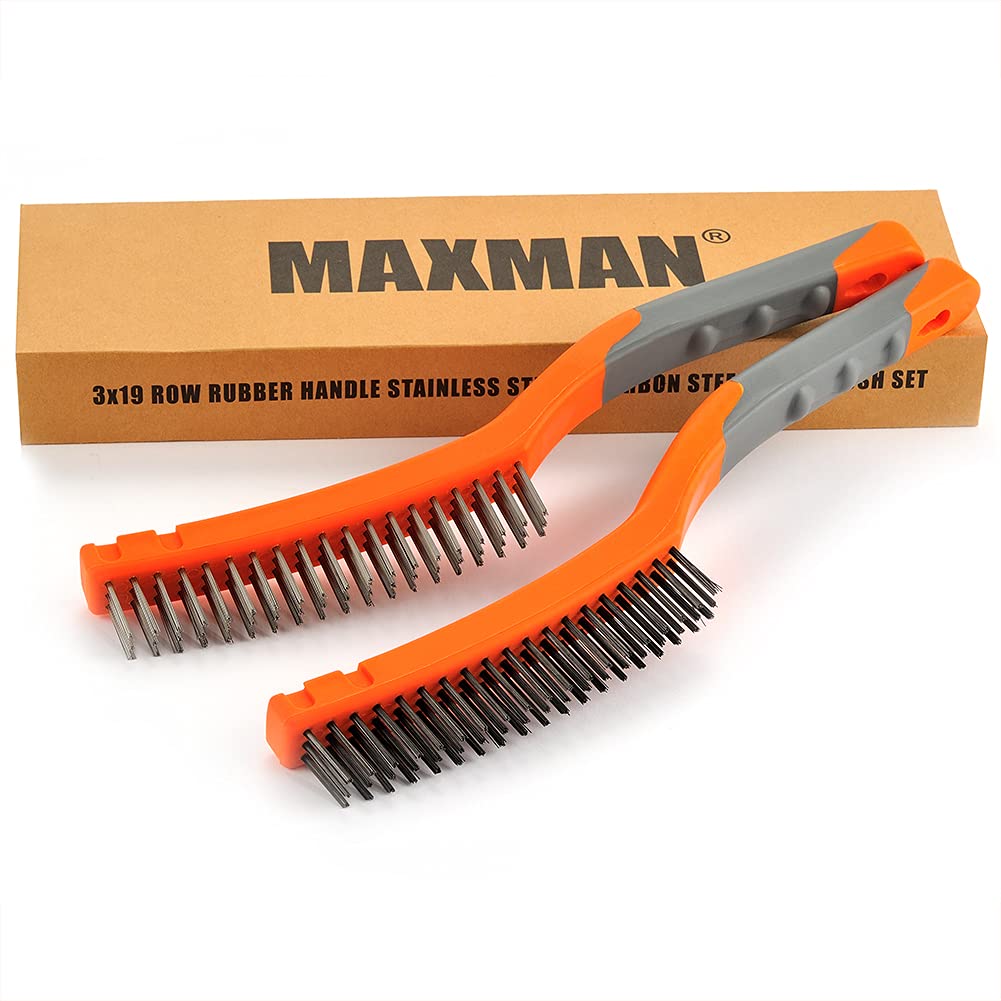 MAXMAN Wire Brushes, Stainless Steel Wire Brush and Carbon Steel Bristles Brush Set, Heavy Duty Wire Brushes for Cleaning Rust, Concrete, Wielding, Paint Removal, 14" Long Plastic Handle, Large,2 Pcs