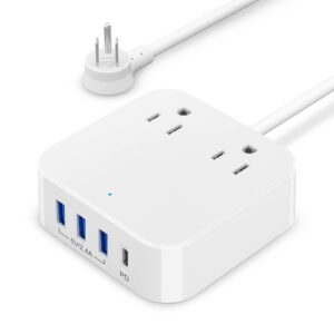 power strip with usb c ports fast charge 3a pd 20w 2 ac outlets and 4 usb ports usb-c power strip with 5ft extension cord for desktop travel home office hotel dorm (white)