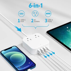 Power Strip with USB C Ports Fast Charge 3A PD 20W 2 AC Outlets and 4 USB Ports USB-C Power Strip with 5FT Extension Cord for Desktop Travel Home Office Hotel Dorm (White)