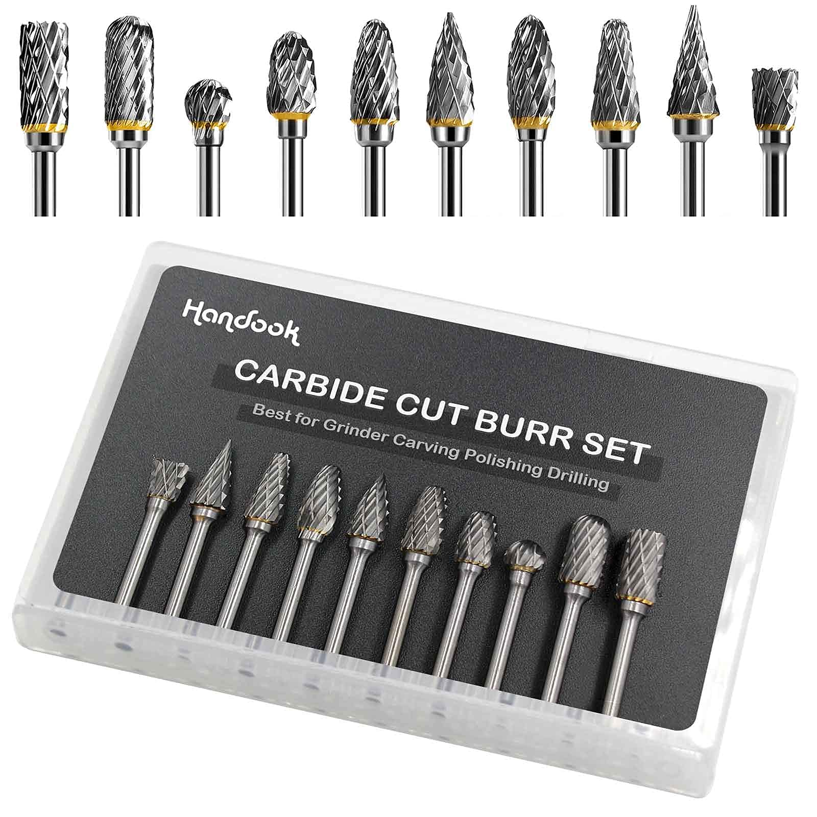 Handook Tungsten Carbide Double Cut Burr Set, with 1/8" Shank 1/4" Grinding Head Length Tungsten Steel for Grinder, DIY Wood-Working Carving, Soft Metal Polishing, Engraving, Drilling(10pcs)