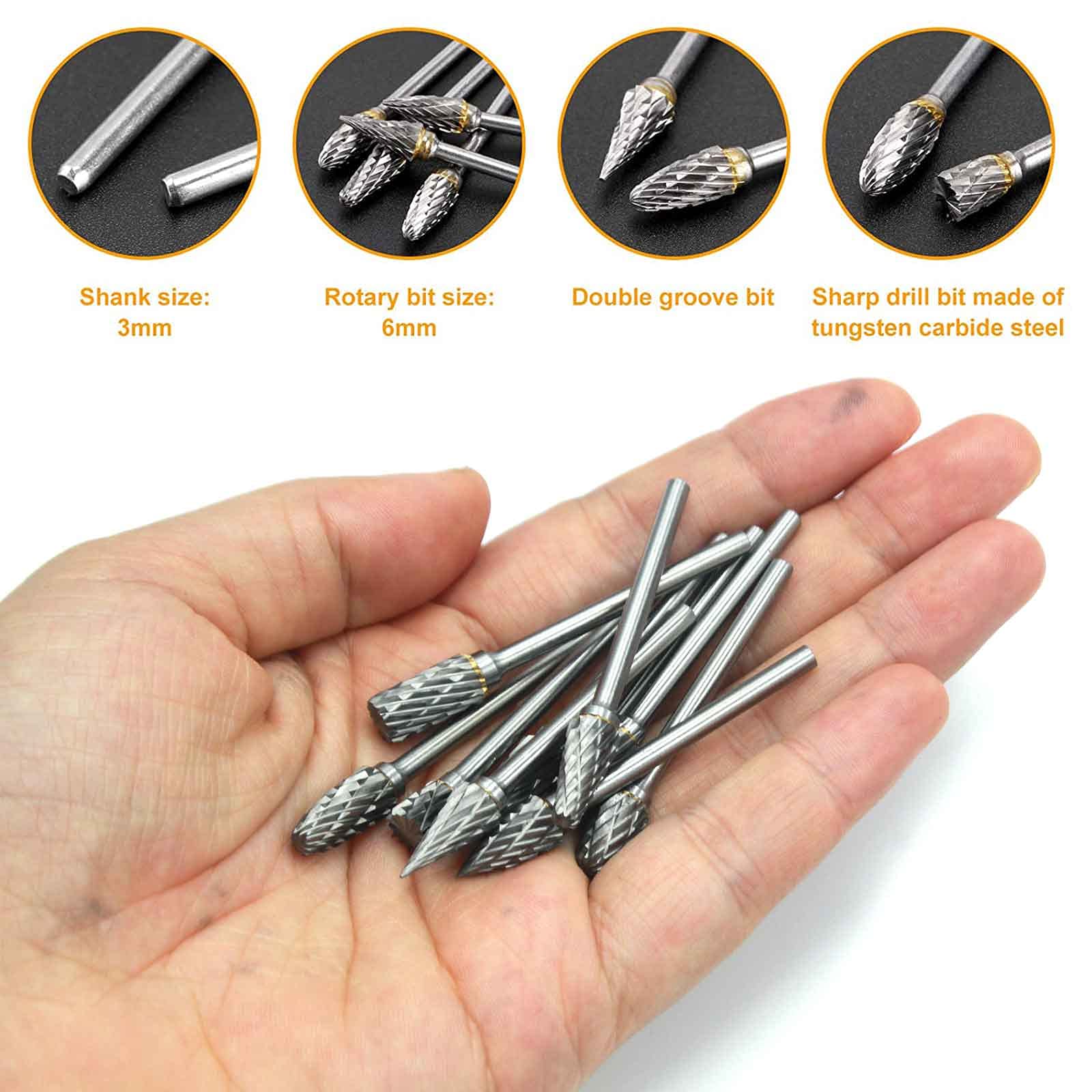 Handook Tungsten Carbide Double Cut Burr Set, with 1/8" Shank 1/4" Grinding Head Length Tungsten Steel for Grinder, DIY Wood-Working Carving, Soft Metal Polishing, Engraving, Drilling(10pcs)