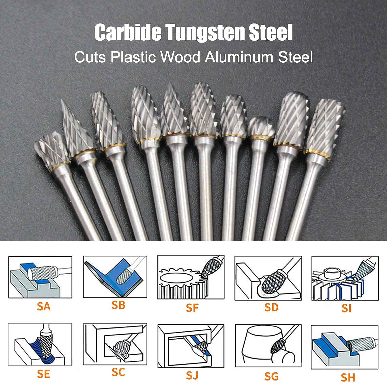 Handook Tungsten Carbide Double Cut Burr Set, with 1/8" Shank 1/4" Grinding Head Length Tungsten Steel for Grinder, DIY Wood-Working Carving, Soft Metal Polishing, Engraving, Drilling(10pcs)