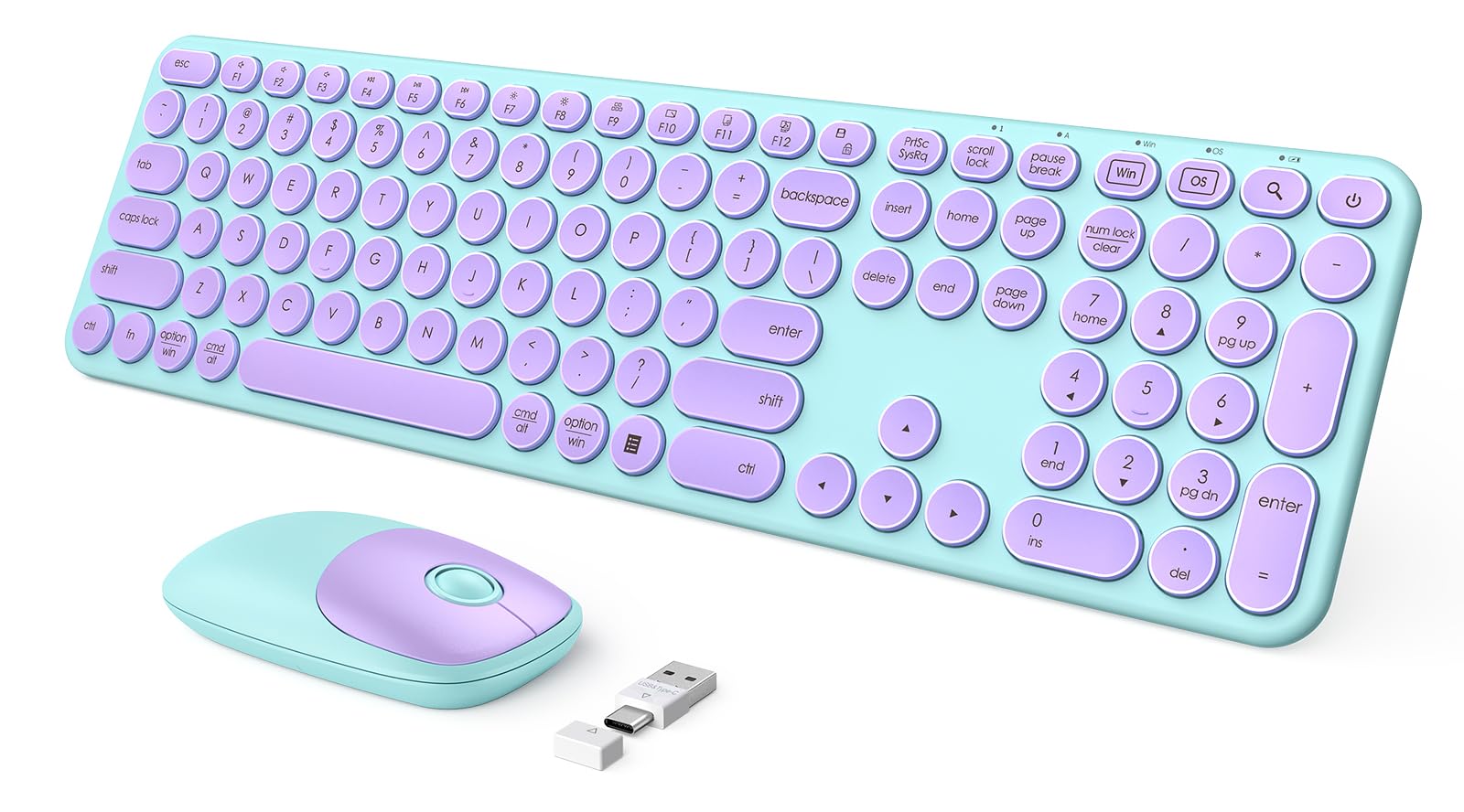 Purple Wireless Keyboard and Mouse, seenda USB/Type C Wireless Keyboard Mouse for Win & Mac, Full Size Cute Keyboard Compatible with MacBook, Windows 7/8/10, Laptop (Purple Green)