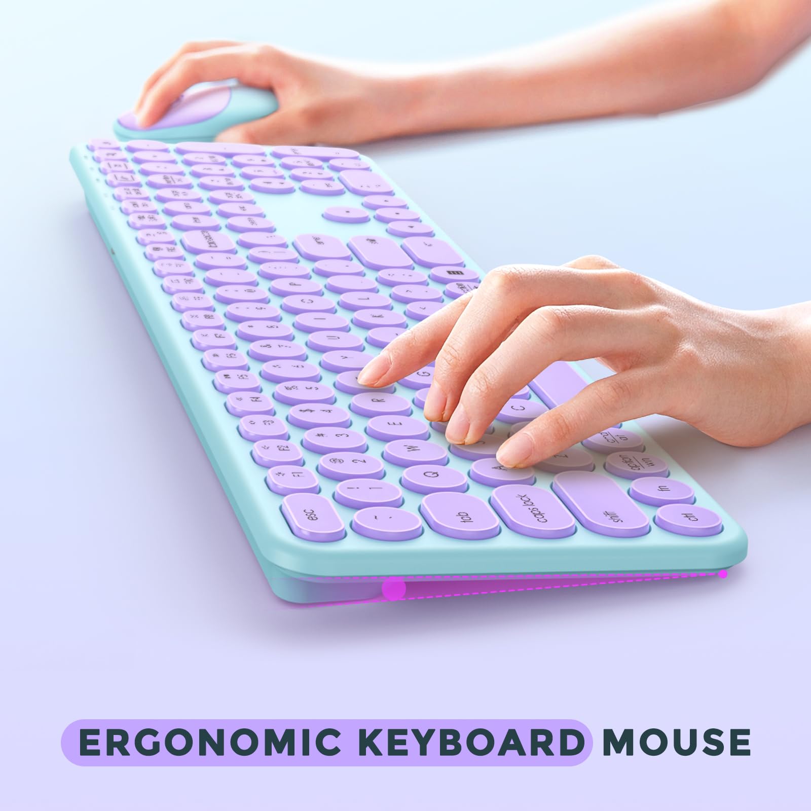 Purple Wireless Keyboard and Mouse, seenda USB/Type C Wireless Keyboard Mouse for Win & Mac, Full Size Cute Keyboard Compatible with MacBook, Windows 7/8/10, Laptop (Purple Green)