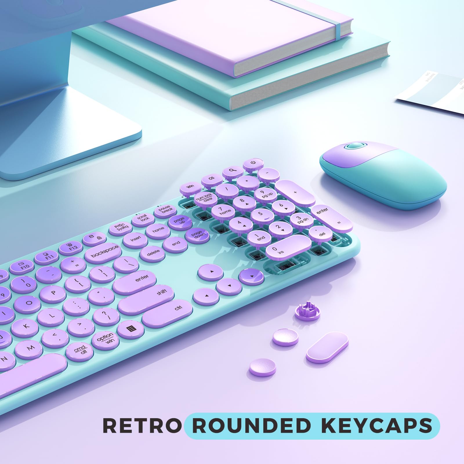 Purple Wireless Keyboard and Mouse, seenda USB/Type C Wireless Keyboard Mouse for Win & Mac, Full Size Cute Keyboard Compatible with MacBook, Windows 7/8/10, Laptop (Purple Green)