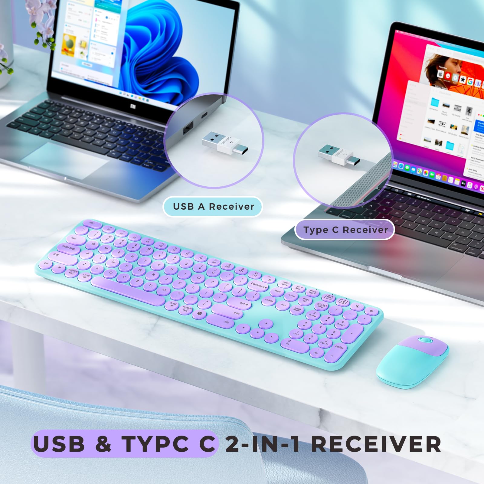 Purple Wireless Keyboard and Mouse, seenda USB/Type C Wireless Keyboard Mouse for Win & Mac, Full Size Cute Keyboard Compatible with MacBook, Windows 7/8/10, Laptop (Purple Green)