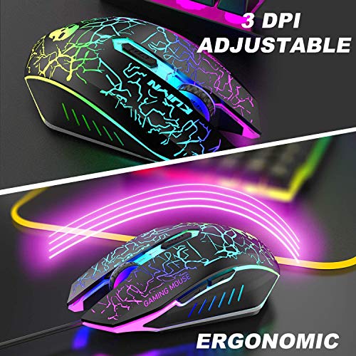 5 in 1 Wired Gaming Keyboard Mouse Headphone and Speaker Combo with Multi RGB Backlight Ergonomic 104 Key Adjustable Mic 2400DPI Mice Large Mousepad Waterproof for PC Mac Gamer Office Typist(Black)