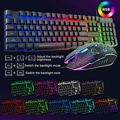 5 in 1 Wired Gaming Keyboard Mouse Headphone and Speaker Combo with Multi RGB Backlight Ergonomic 104 Key Adjustable Mic 2400DPI Mice Large Mousepad Waterproof for PC Mac Gamer Office Typist(Black)