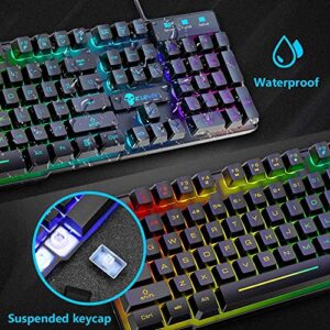 5 in 1 Wired Gaming Keyboard Mouse Headphone and Speaker Combo with Multi RGB Backlight Ergonomic 104 Key Adjustable Mic 2400DPI Mice Large Mousepad Waterproof for PC Mac Gamer Office Typist(Black)