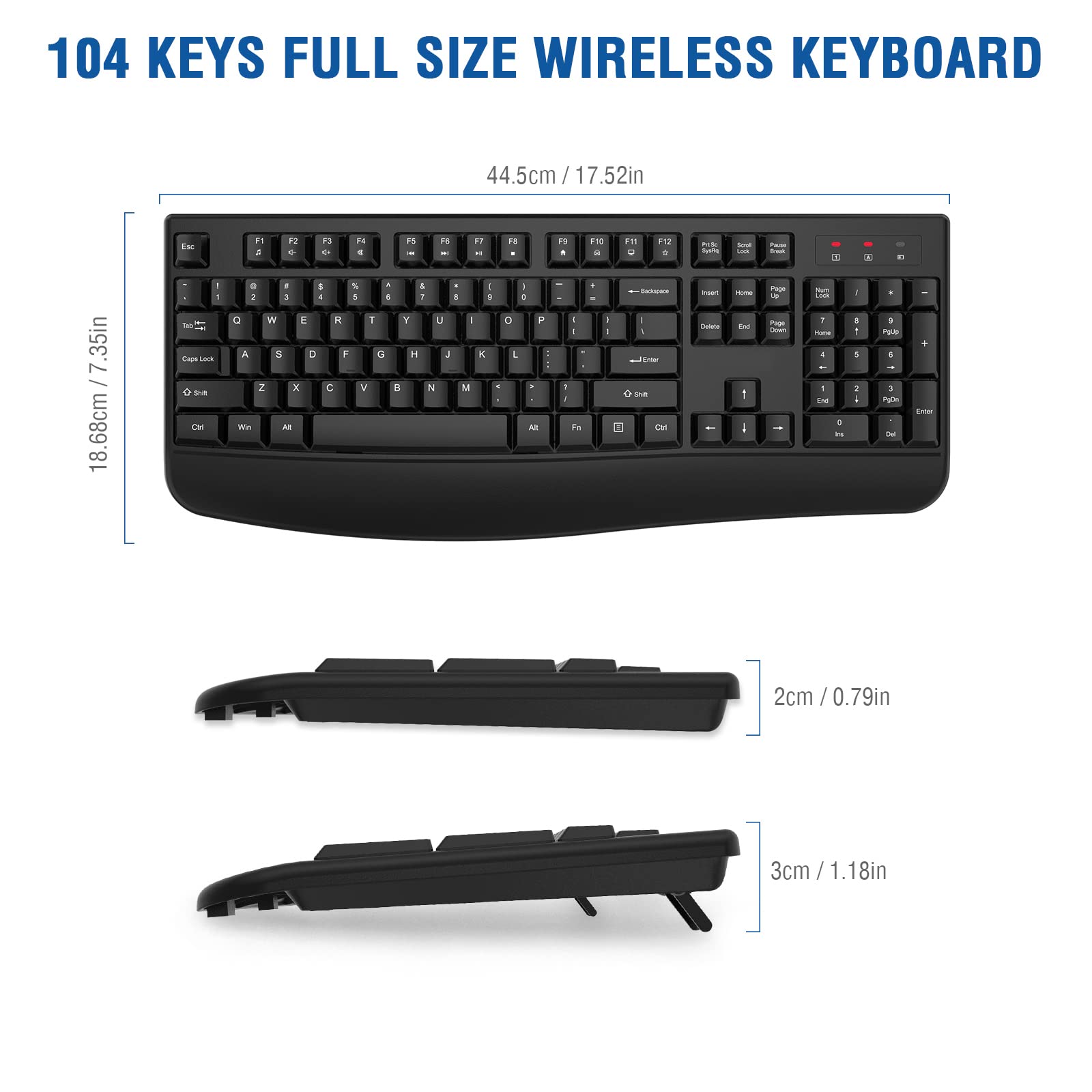 EDJO Wireless Keyboard, 2.4G Ergonomic Full Size Wireless Computer Keyboard with Wrist Rest for Windows, Mac OS Desktop/Laptop/PC（Black）